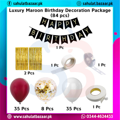 Luxury maroon birthday decoration package with balloons, streamers, and other items on a colorful background.