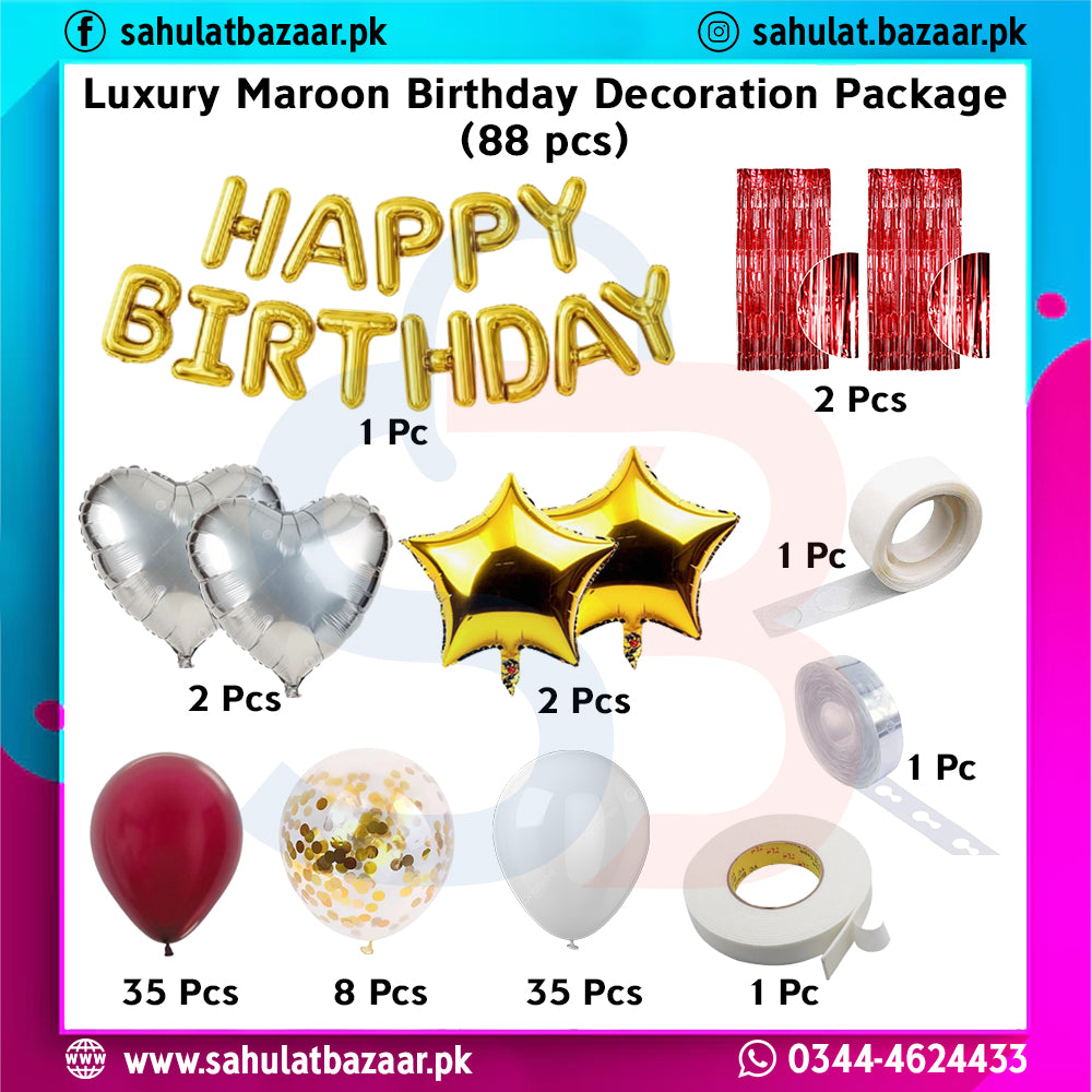 Luxury Maroon Birthday Decoration Package with balloons and decorations on a colorful background