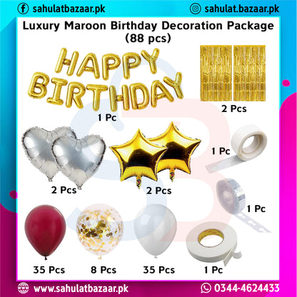 Luxury maroon birthday decoration package with balloons and streamers on a colorful background.