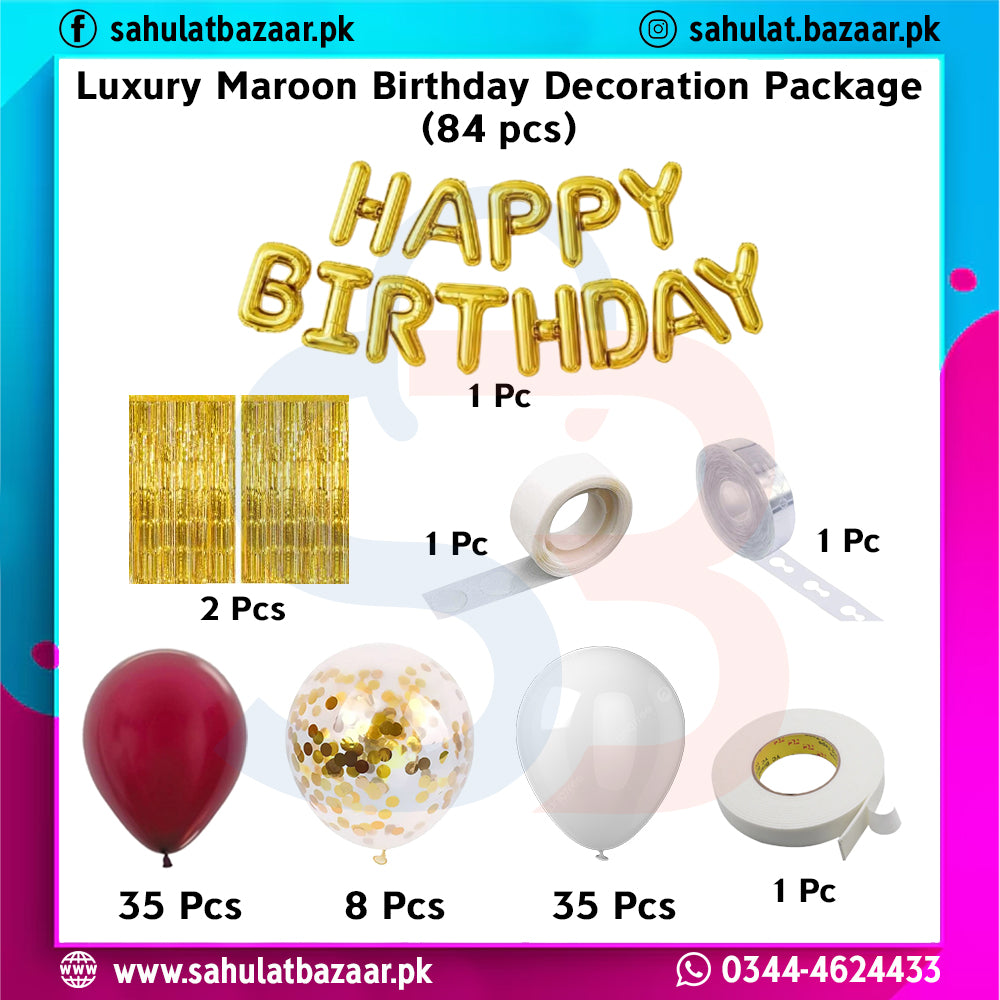 Luxury maroon birthday decoration package with balloons, streamers, and 'Happy Birthday' banner on a colorful background.