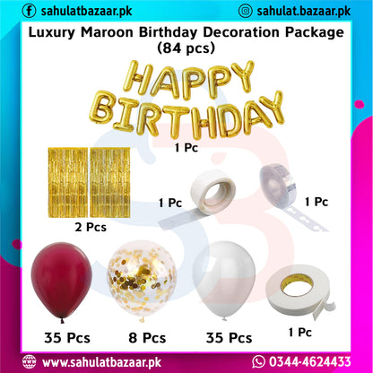 Luxury maroon birthday decoration package with balloons, streamers, and 'Happy Birthday' banner on a colorful background.