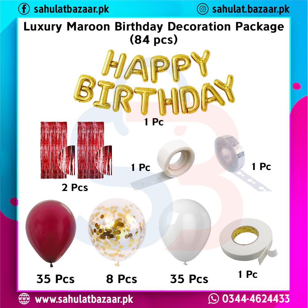 Advertisement for a luxury maroon birthday decoration package with balloons and streamers on a colorful background.