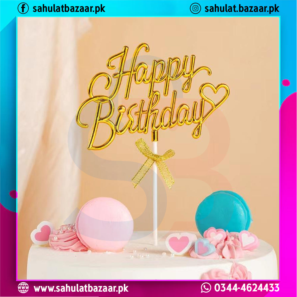 Birthday cake with a 'Happy Birthday' topper on a colorful background