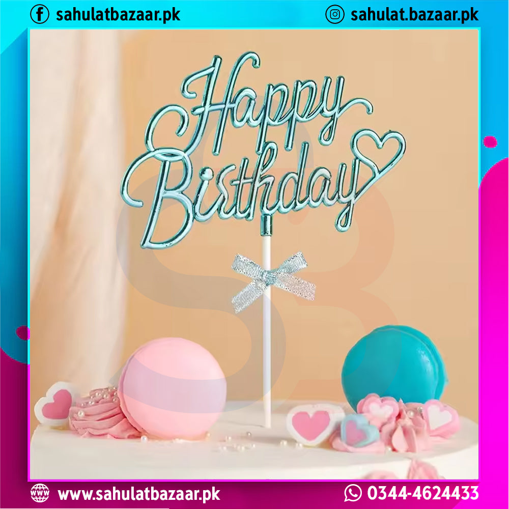 Happy Birthday cake topper with decorative elements on a colorful background
