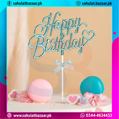 Happy Birthday cake topper with decorative elements on a colorful background