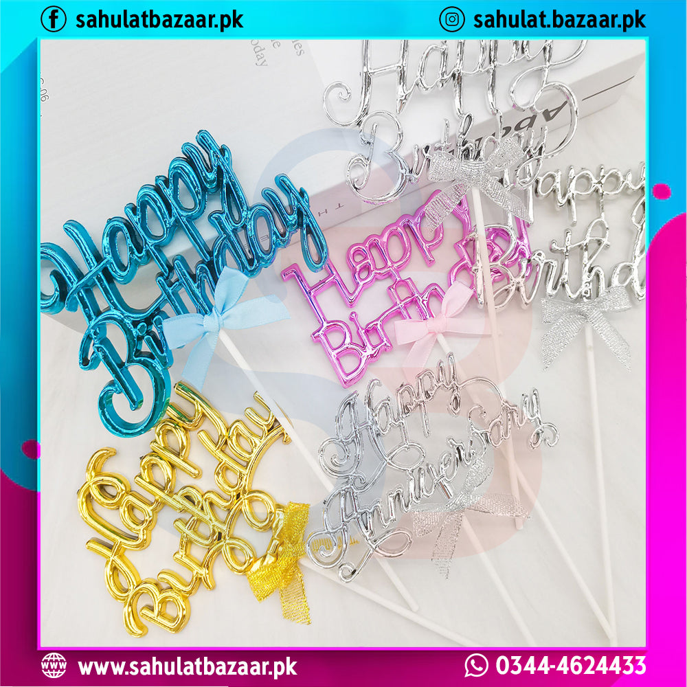 Set of colorful 'Happy Birthday' cake toppers with decorative ribbons on a white background.