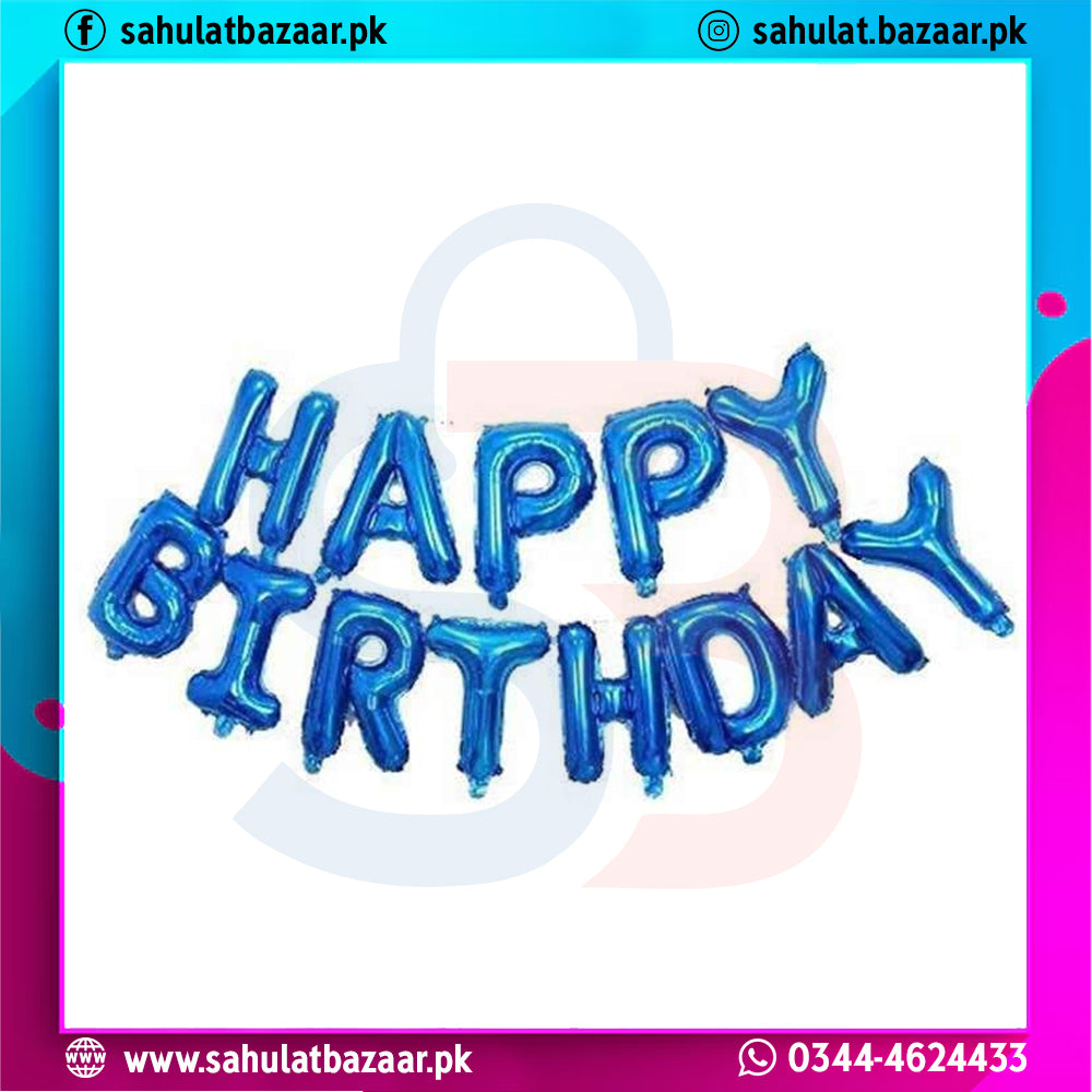 Blue 'Happy Birthday' balloons with a colorful border and contact information at the bottom.