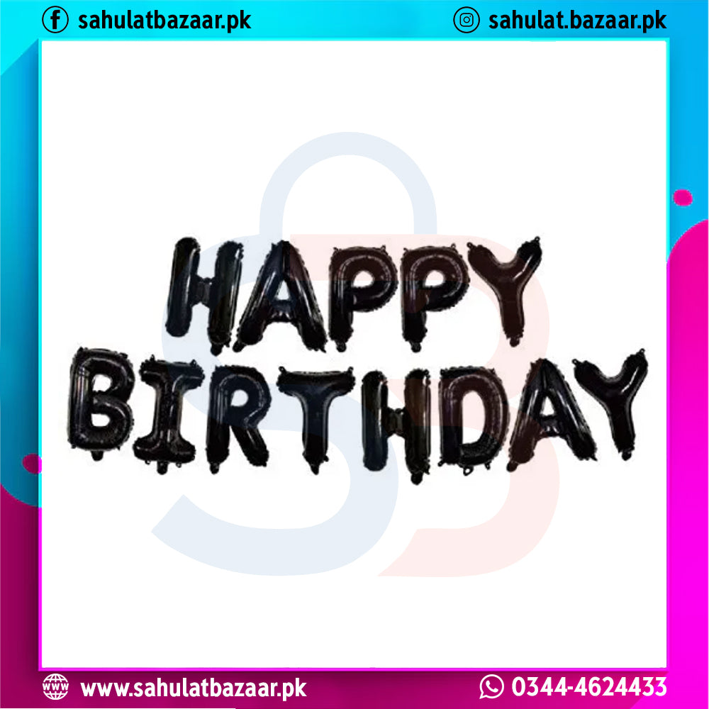 Happy Birthday text in black on a colorful background with brand logos and contact information.