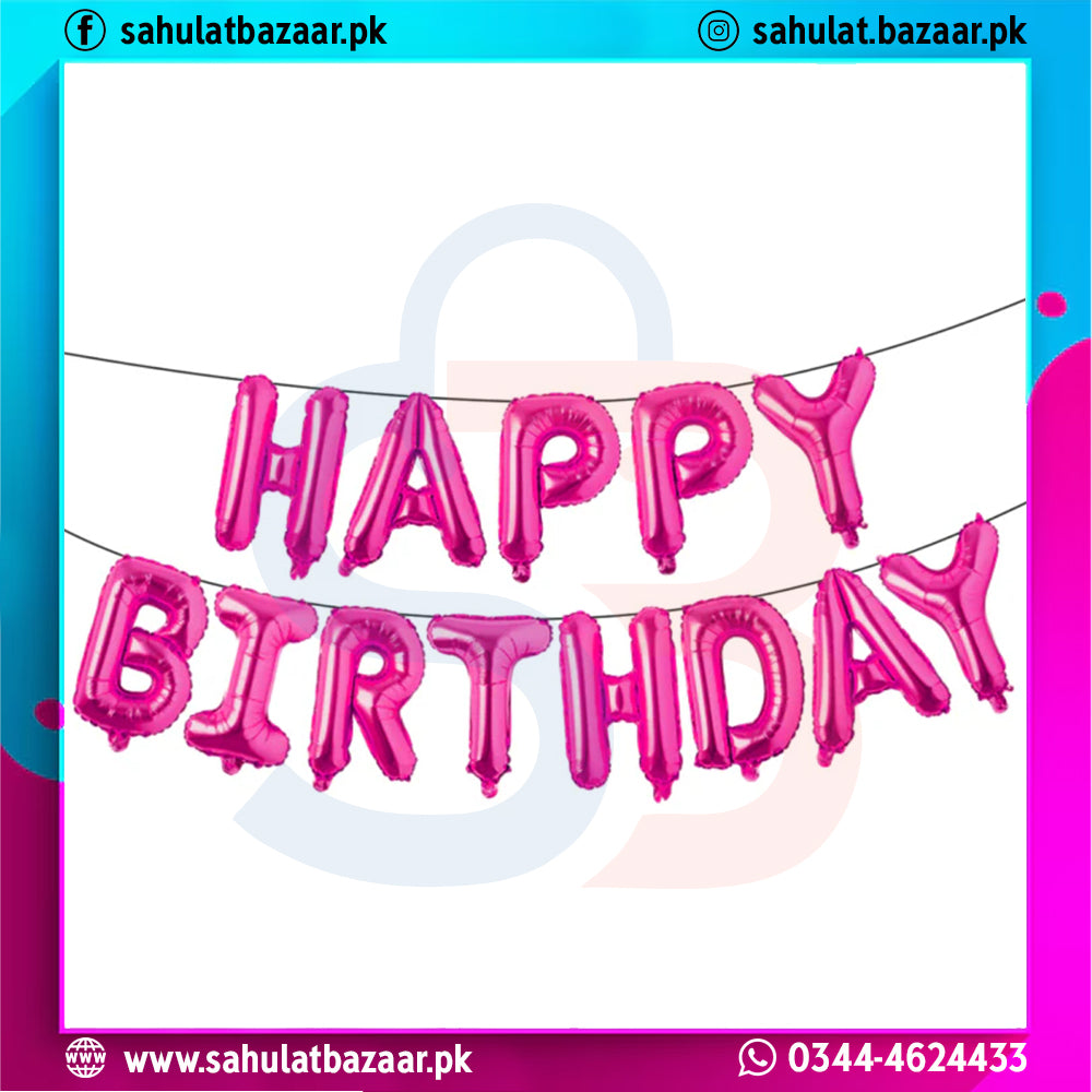 Pink 'Happy Birthday' balloon banner on a white background with brand logos and contact information.