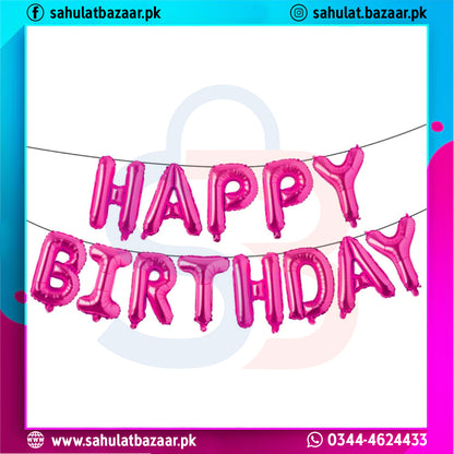 Pink 'Happy Birthday' balloon banner on a white background with brand logos and contact information.