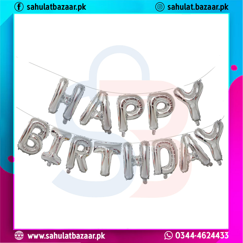 Silver 'Happy Birthday' balloon banner on a white background with colorful border