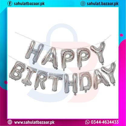 Silver 'Happy Birthday' balloon banner on a white background with colorful border