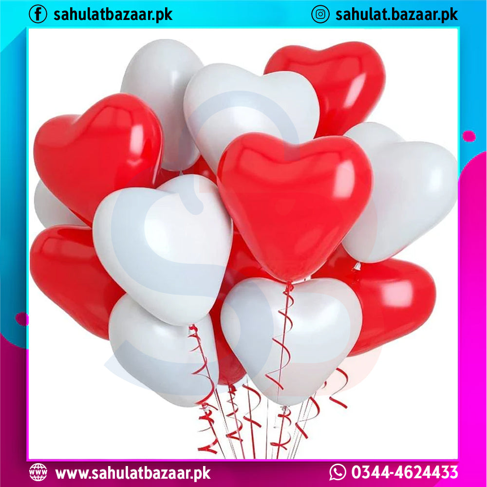 Heart-shaped balloons in red and white on a colorful border with branding text.
