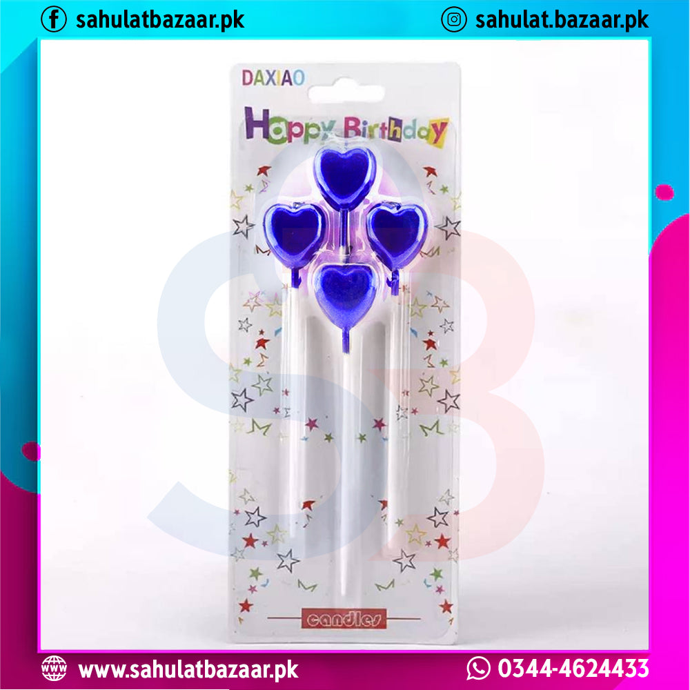 Set of purple heart-shaped birthday candles in packaging with 'Happy Birthday' text on a colorful background.