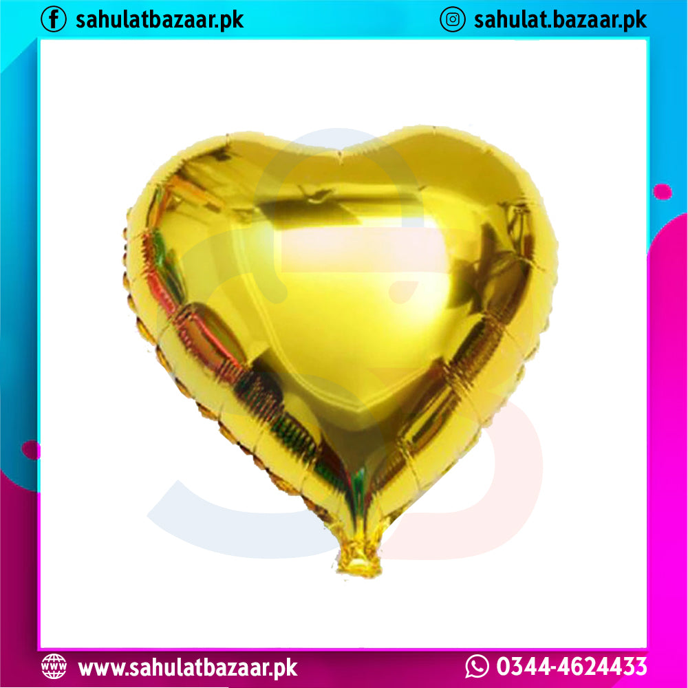 Gold heart-shaped balloon on a colorful border with 'sahulatbazaar.pk' branding.
