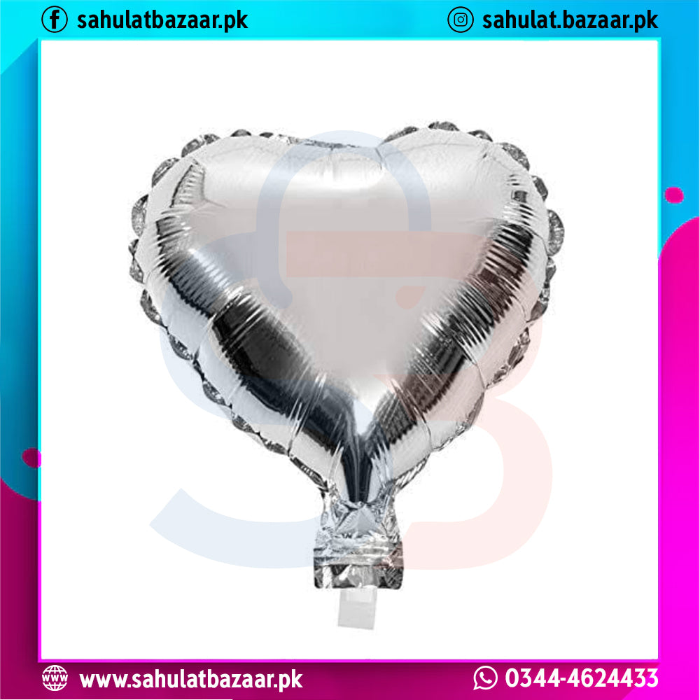 Heart-shaped silver balloon with brand logo and contact information at the bottom.