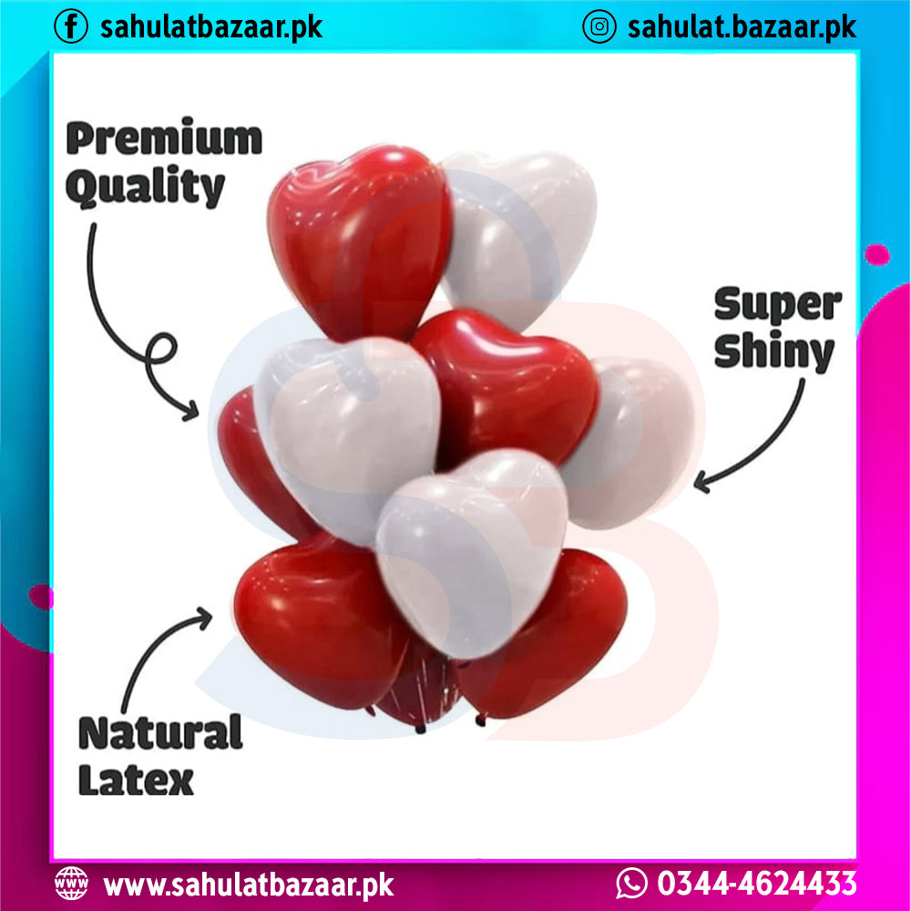 Heart-shaped balloons in red and white with promotional text on a colorful background