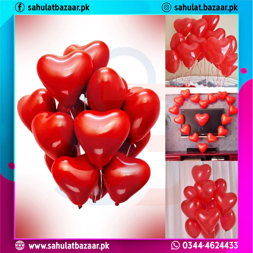 Red heart-shaped balloons displayed in various settings with promotional text.