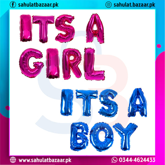 Pink and blue balloon letters spelling 'It's a Girl' and 'It's a Boy' on a colorful background.