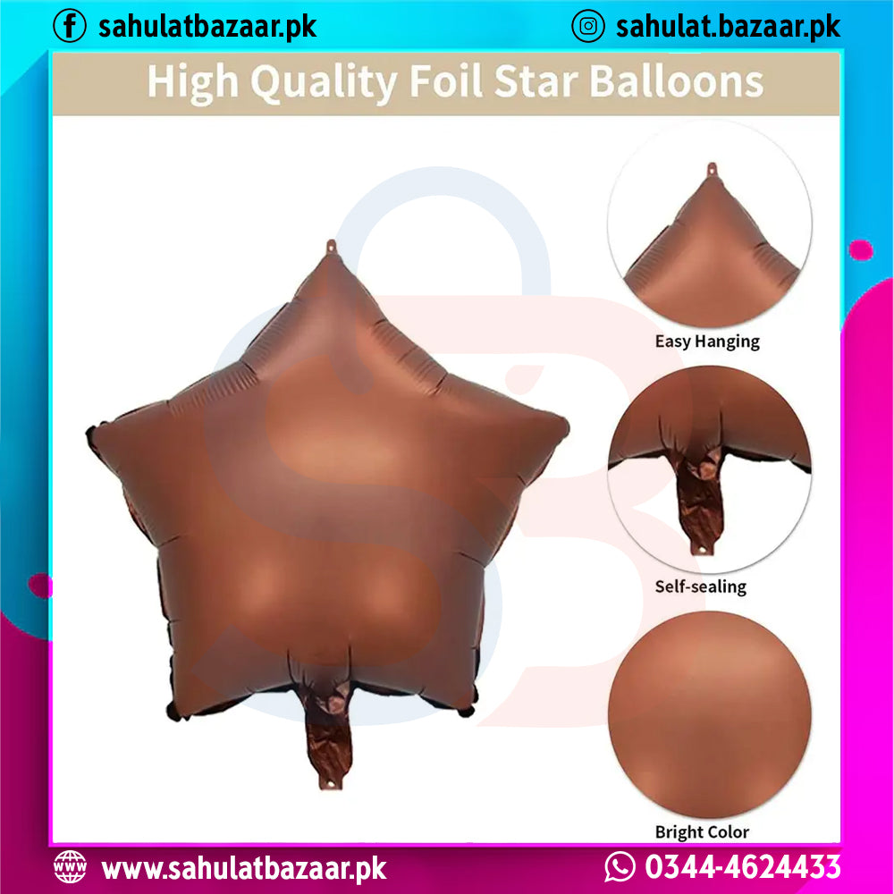 Brown star-shaped foil balloon with features and branding details on a colorful background