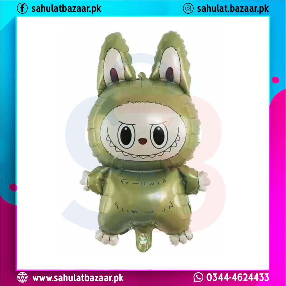 Green animal-shaped balloon with fox-like features on a white background