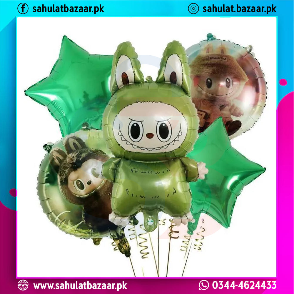 Set of cartoon-themed balloons with green stars on a colorful border.