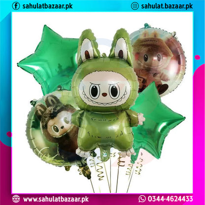 Set of cartoon-themed balloons with green stars on a colorful border.