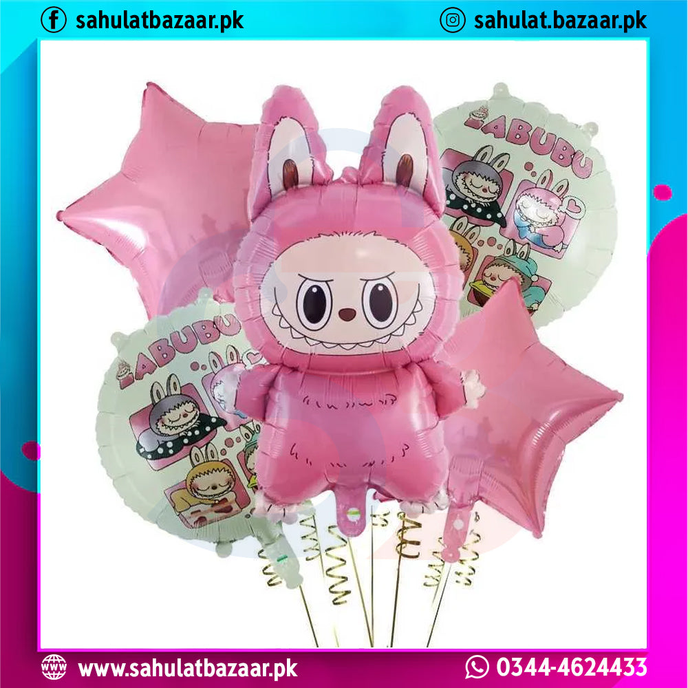 Set of pink cartoon-themed balloons with star shapes on a white background.