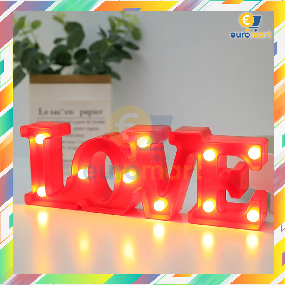Decorative LED sign spelling 'LOVE' with a blurred background and EuroMart logo.