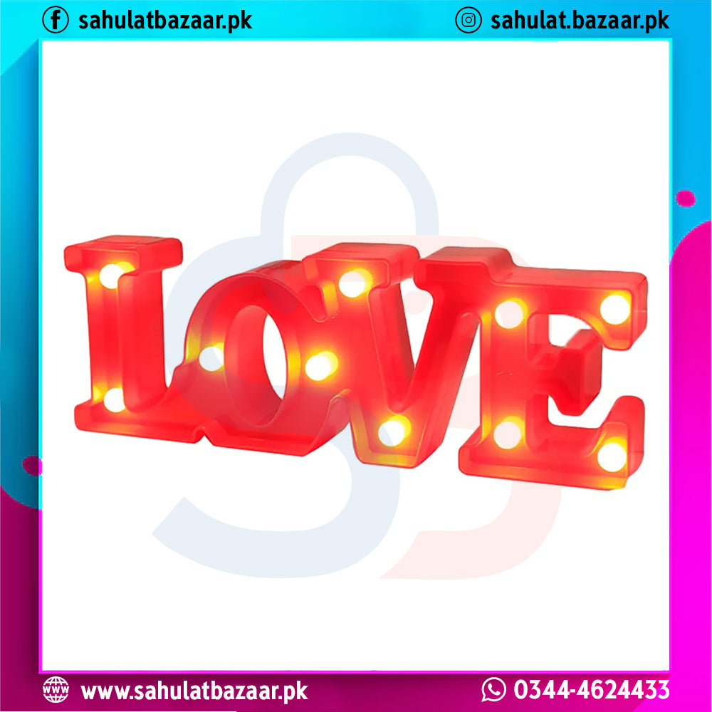 Red 'LOVE' sign with glowing bulbs on a white background, branded with sahulatbazaar.pk.