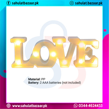 Decorative LED letters spelling 'LOVE' with a colorful border and branding information.