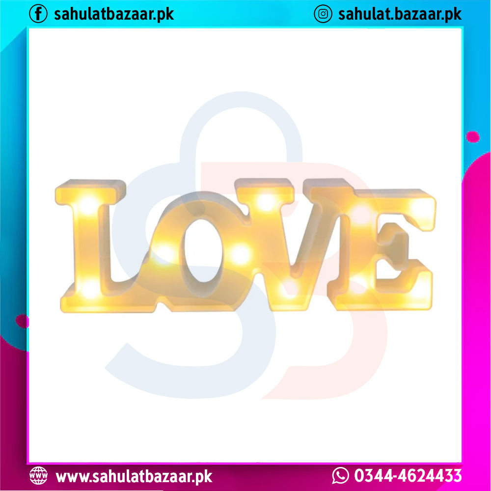 Decorative LED sign spelling 'LOVE' with a colorful border.