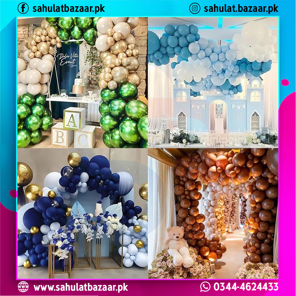 Collage of various balloon arches and decorations with brand logo and contact information.