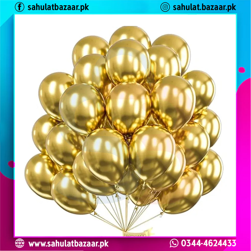 Gold balloons on a white background with colorful border and branding text.