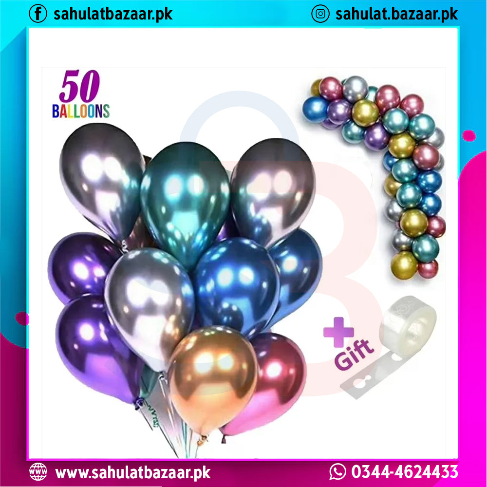 Colorful metallic balloons and a balloon arch with 'Gift' tag on a colorful background.