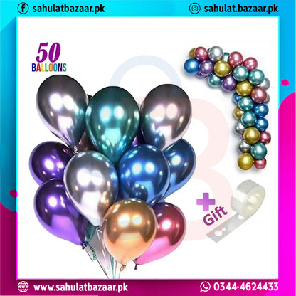 Colorful metallic balloons and a balloon arch with 'Gift' tag on a colorful background.
