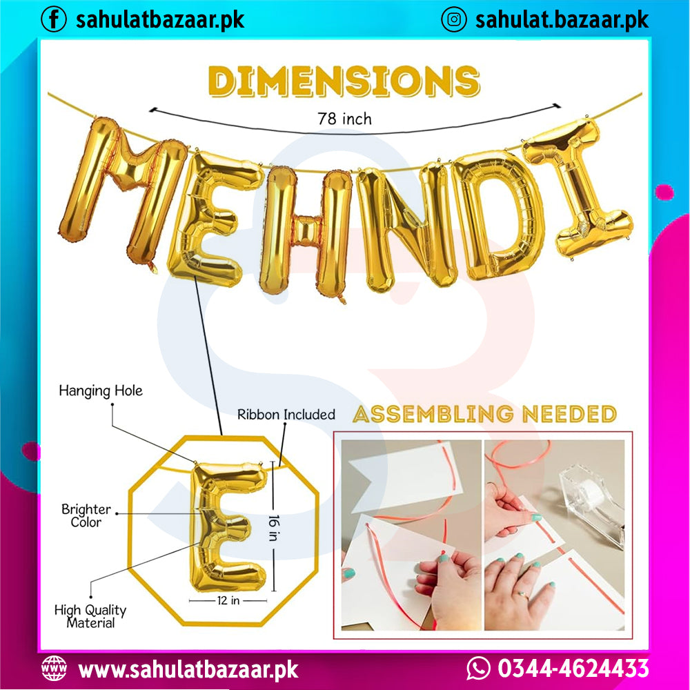 Gold 'MEHNDI' balloon letters with assembly instructions and product details on a colorful background.