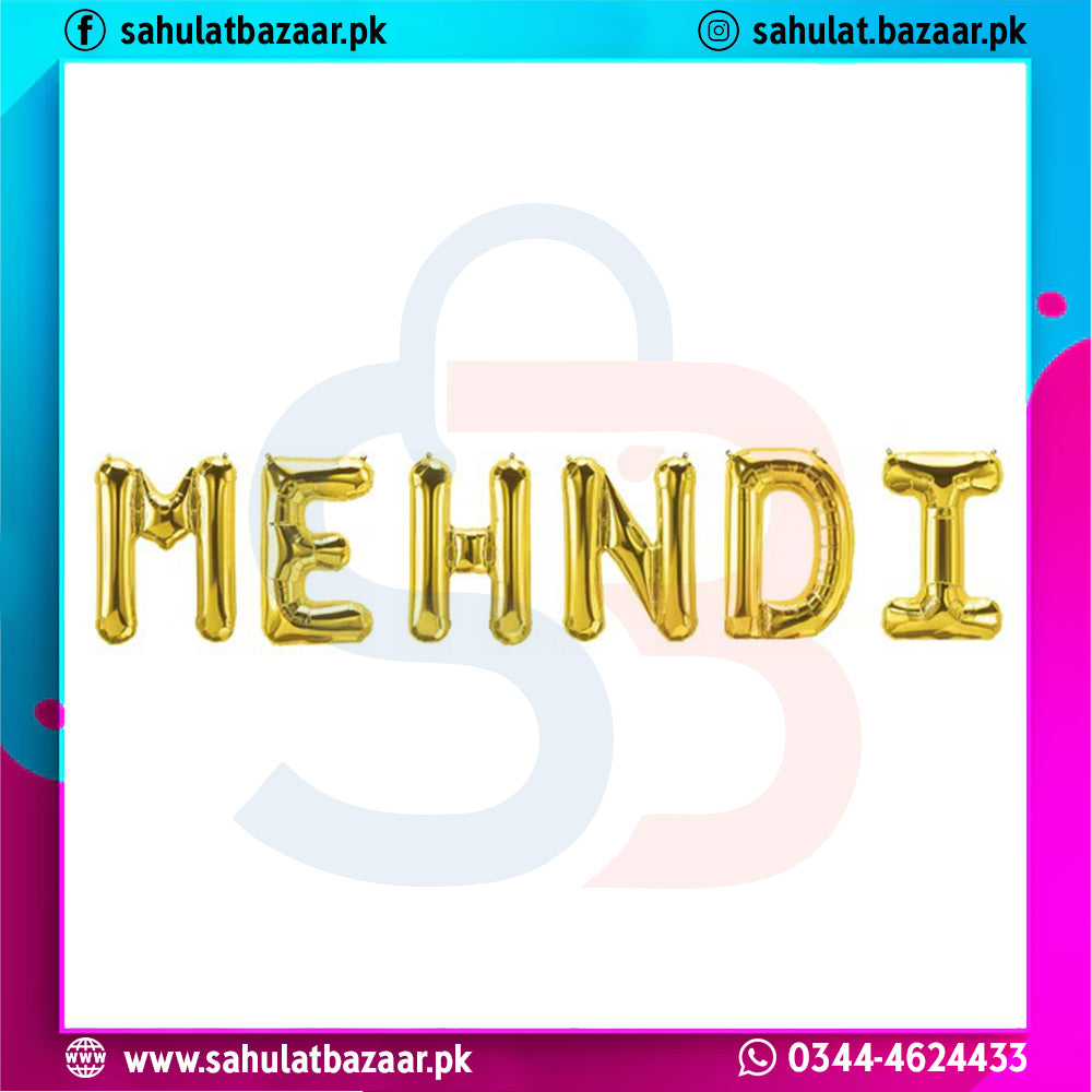 Gold 'MEHNDI' balloon with colorful border and contact information at the bottom.