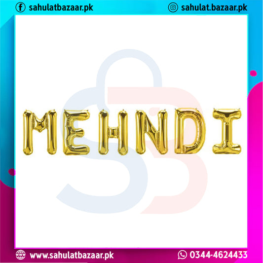 Gold 'MEHNDI' balloon with colorful border and contact information at the bottom.