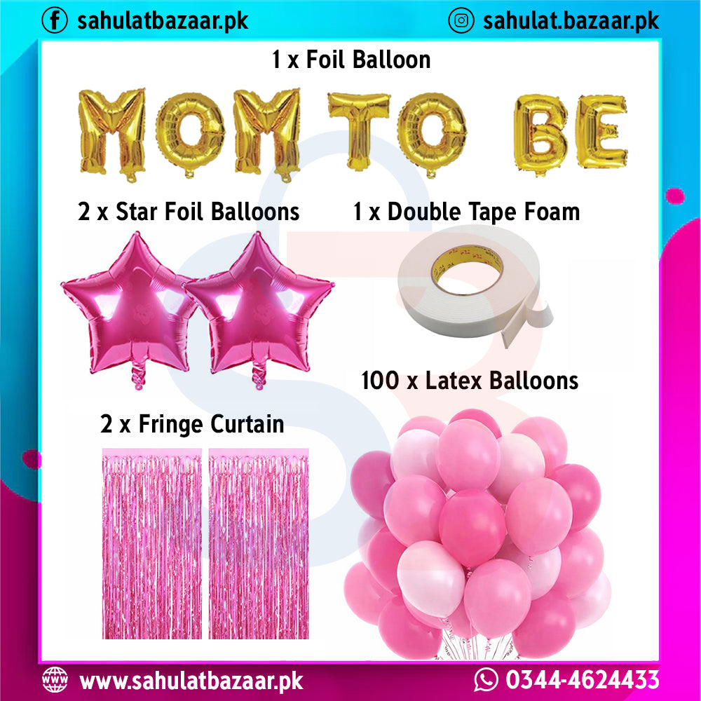 Balloon set with 'Mom to Be' letters, pink star balloons, double tape foam, latex balloons, and fringe curtain on a colorful background.