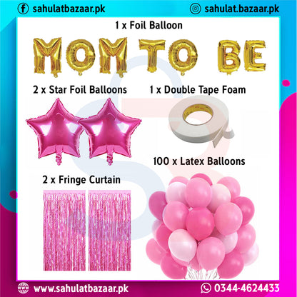 Balloon set with 'Mom to Be' letters, pink star balloons, double tape foam, latex balloons, and fringe curtain on a colorful background.