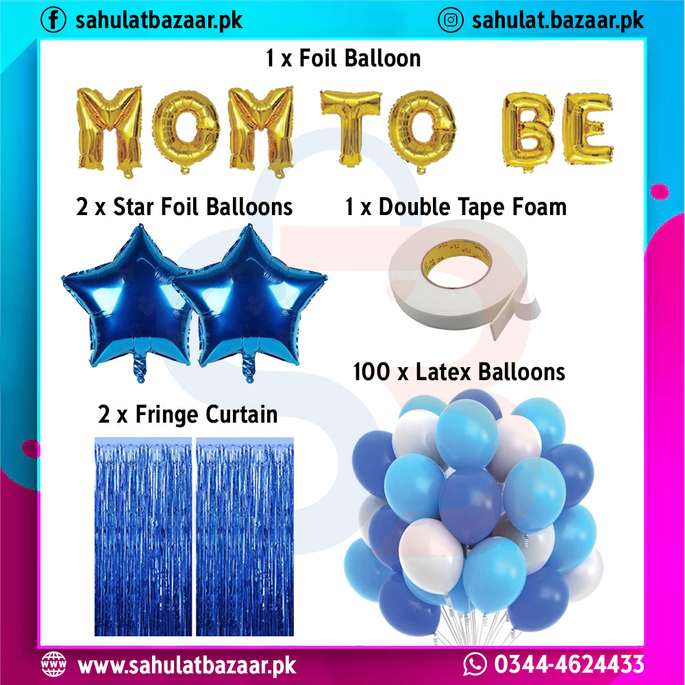 Balloon set with 'Mom to Be' letters, star balloons, tape, and latex balloons on a colorful background.