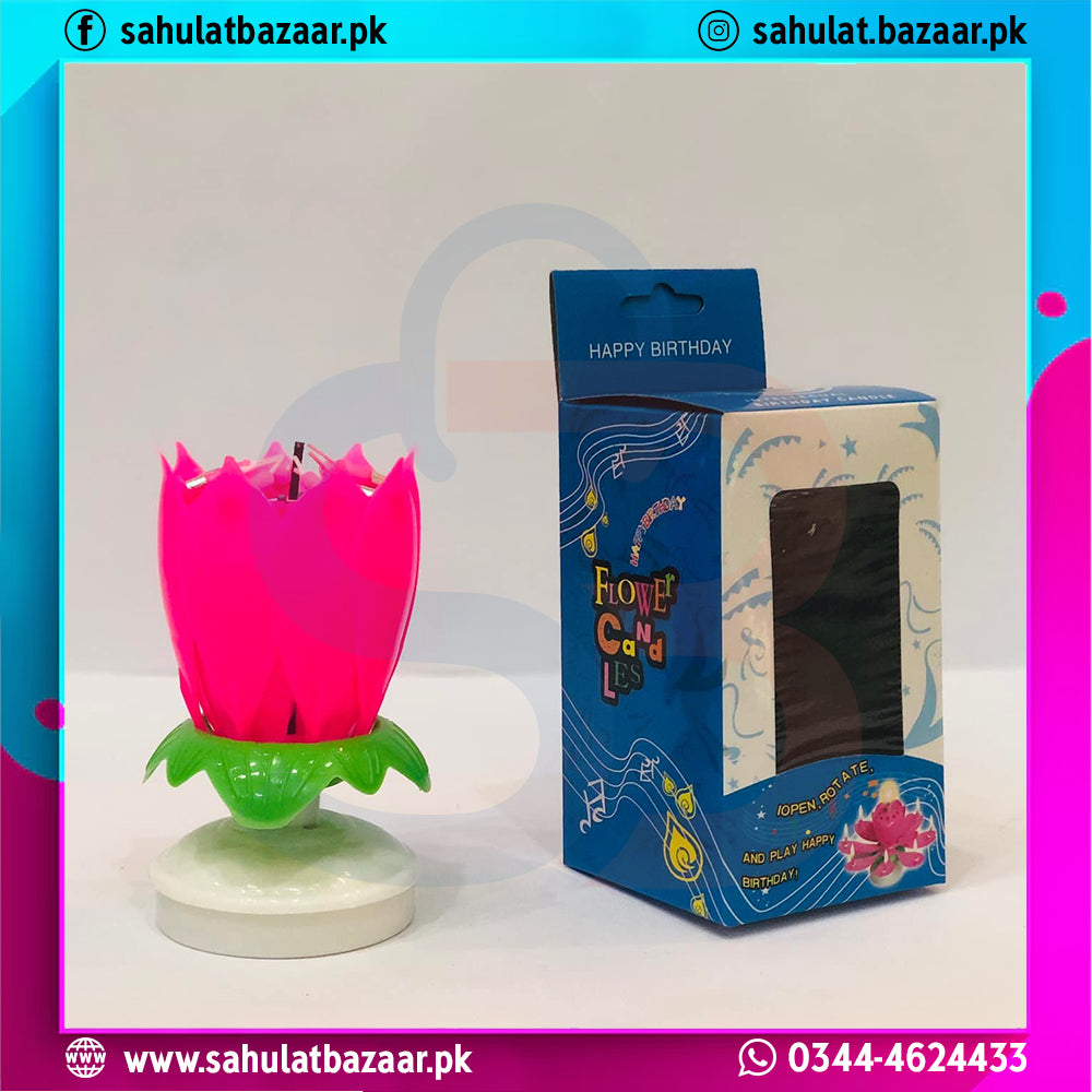 Flower-shaped birthday candle with packaging on a light gray background
