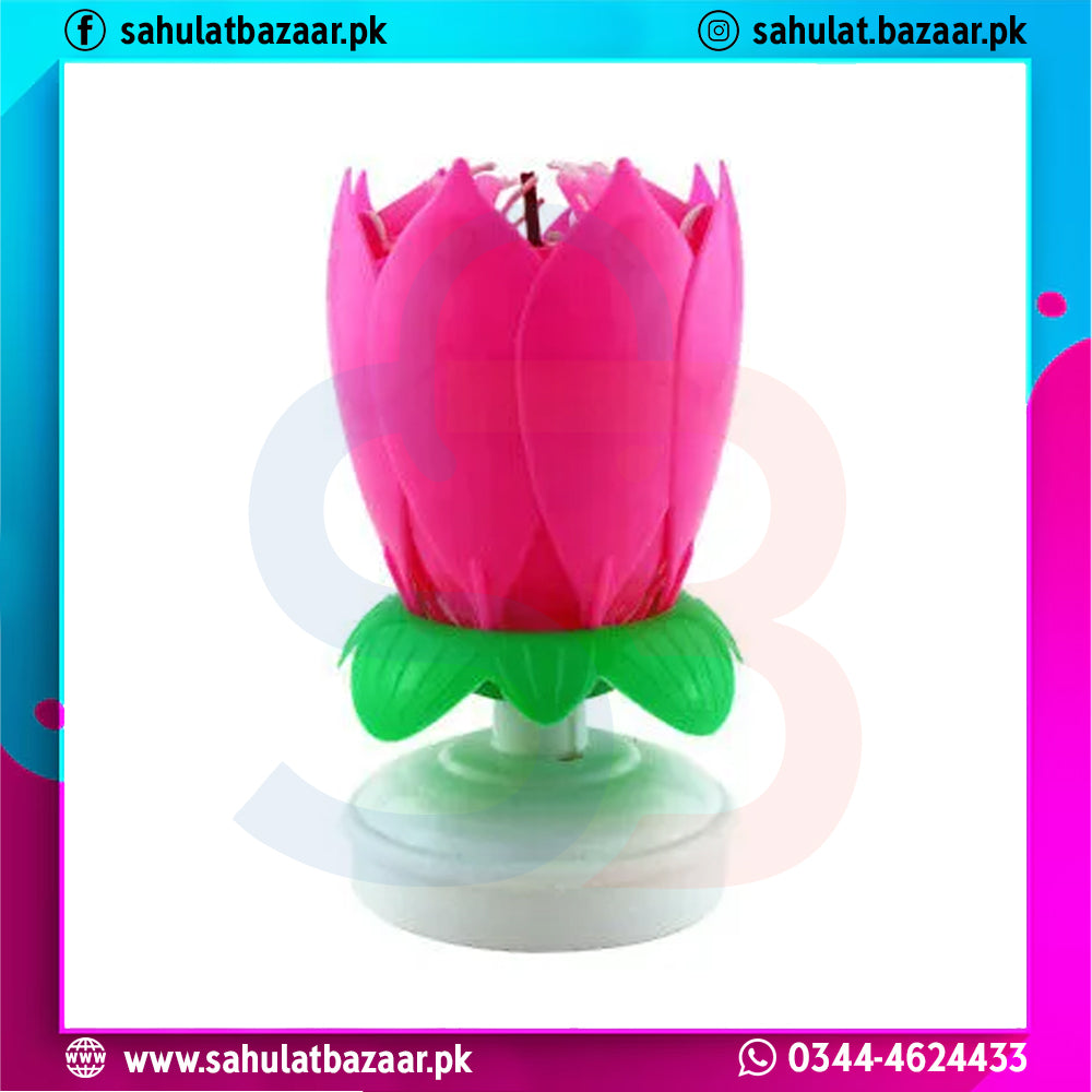 Pink lotus-shaped candle on a white background with colorful border