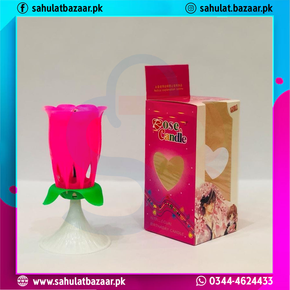 Pink rose-shaped candle with packaging on a white background, featuring Sahulat Bazaar branding.