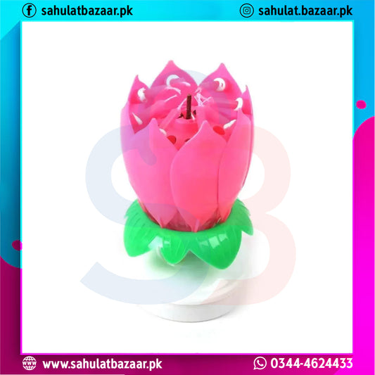 Pink lotus-shaped candle on a white background with colorful border