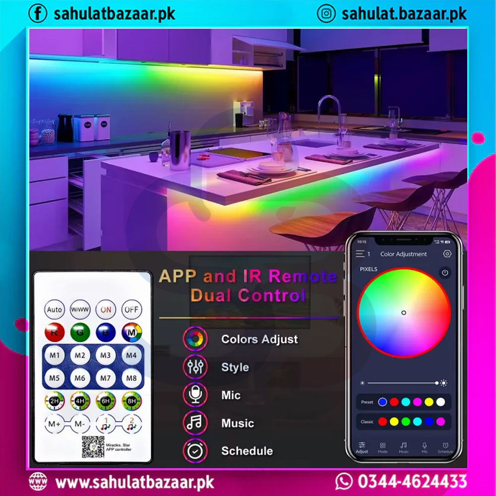 5V IC RGB Neon Strip Light 15ft (5M) USB Waterproof Flexible LED Strip with Bluetooth App & Remote Control