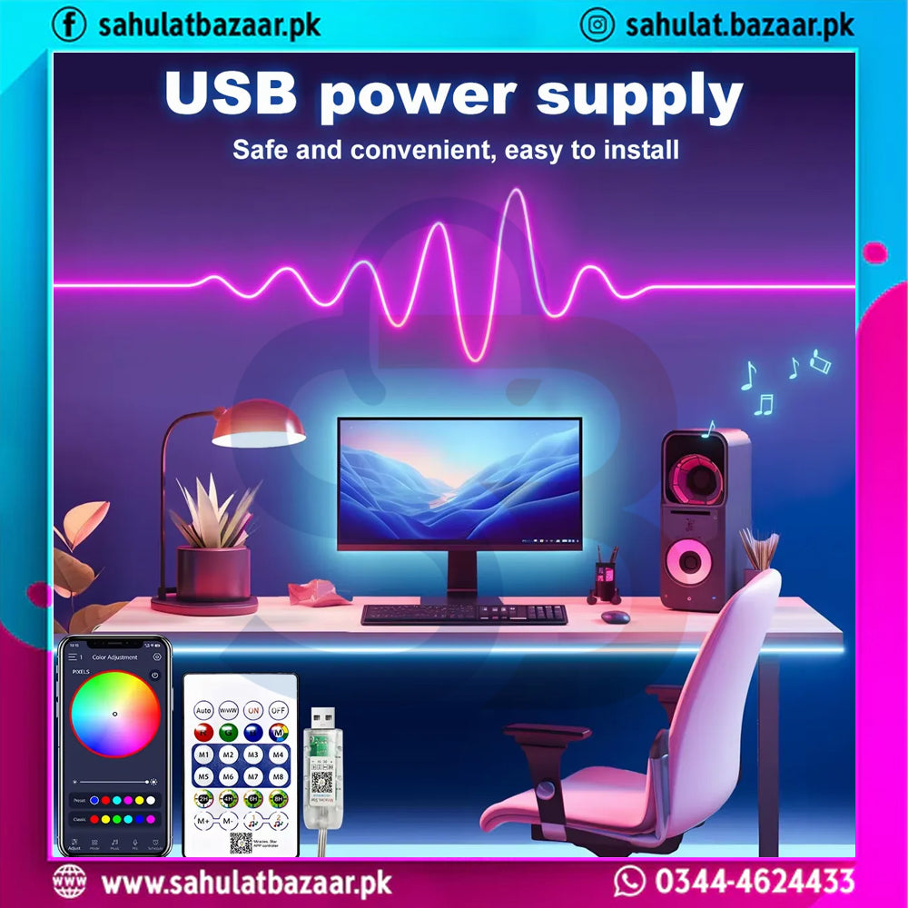 5V IC RGB Neon Strip Light 15ft (5M) USB Waterproof Flexible LED Strip with Bluetooth App & Remote Control