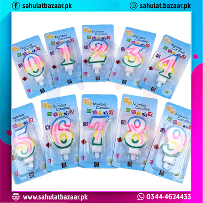 Packaged number candles with colorful designs on a white background, featuring Sahulat Bazaar branding.
