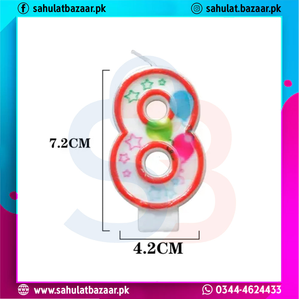 Colorful number 8 candle with measurements on a white background